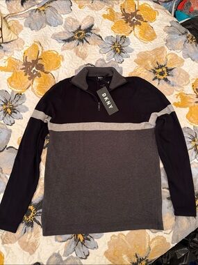 DKNY Men's Black & Charcoal Quarter-Zip with Gray Stripe